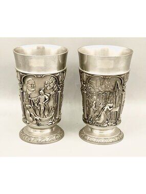 2 Fein Zinn NK Goblet Cups Lohengrin Relief Pewter Swan Knight Medieval Romance